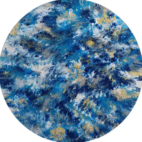 8' Blue Ivory And Gold Round Abstract Washable Indoor Outdoor Area Rug Photo 4