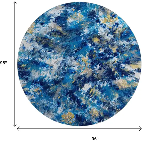 8' Blue Ivory And Gold Round Abstract Washable Indoor Outdoor Area Rug Photo 3