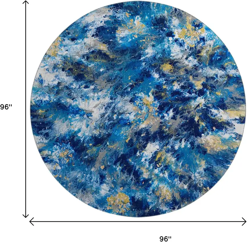 8' Blue Ivory And Gold Round Abstract Washable Indoor Outdoor Area Rug Photo 3