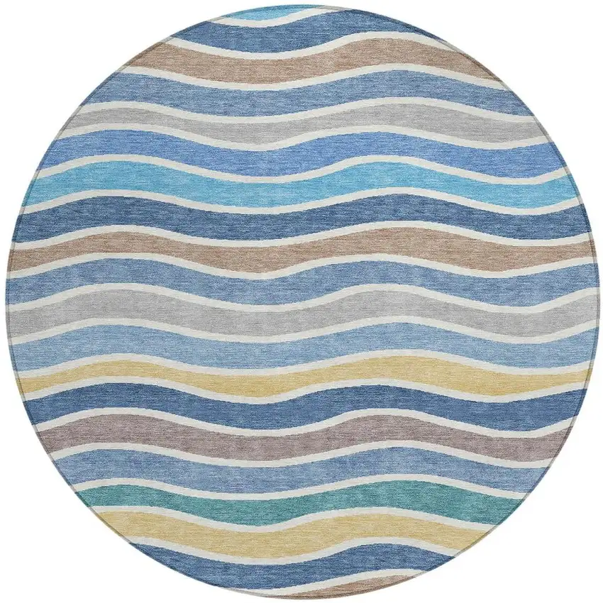 8' Blue Ivory And Gold Round Striped Washable Indoor Outdoor Area Rug Photo 7
