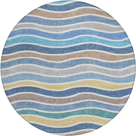 8' Blue Ivory And Gold Round Striped Washable Indoor Outdoor Area Rug Photo 2