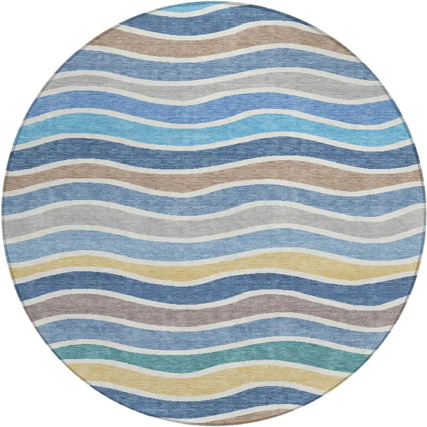 8' Blue Ivory And Gold Round Striped Washable Indoor Outdoor Area Rug Photo 2
