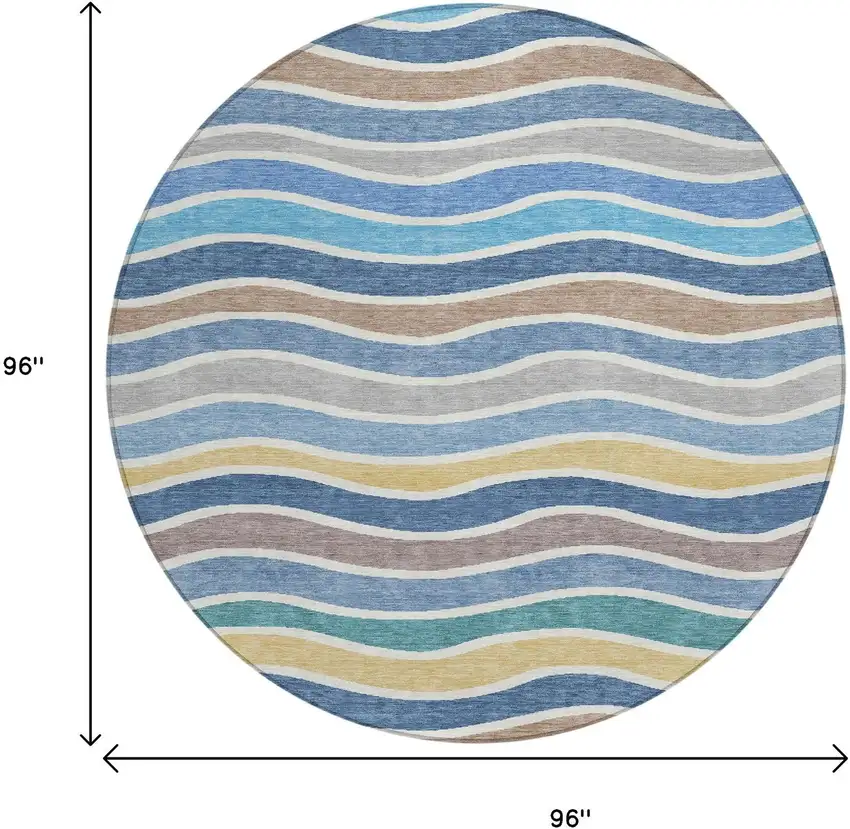 8' Blue Ivory And Gold Round Striped Washable Indoor Outdoor Area Rug Photo 3