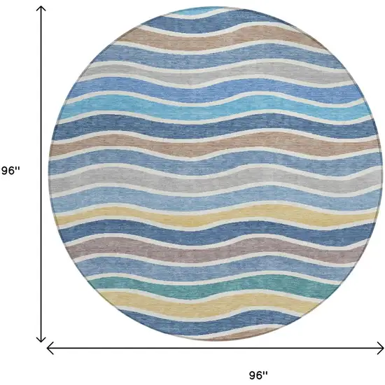 8' Blue Ivory And Gold Round Striped Washable Indoor Outdoor Area Rug Photo 3