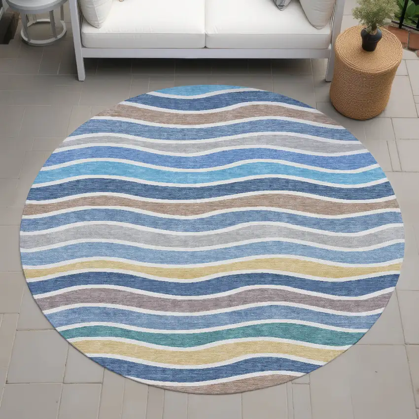 8' Blue Ivory And Gold Round Striped Washable Indoor Outdoor Area Rug Photo 8