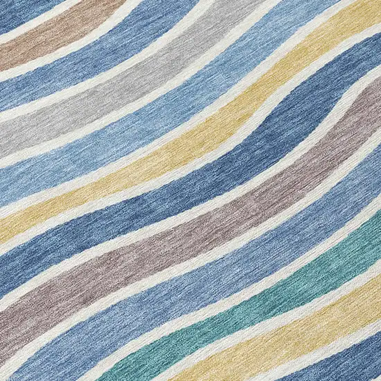 8' Blue Ivory And Gold Round Striped Washable Indoor Outdoor Area Rug Photo 6