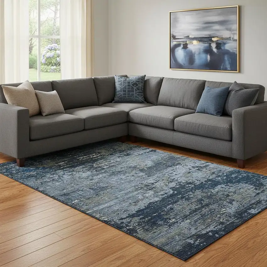 8' Blue Ivory And Gray Abstract Washable Area Rug With UV Protection Photo 2