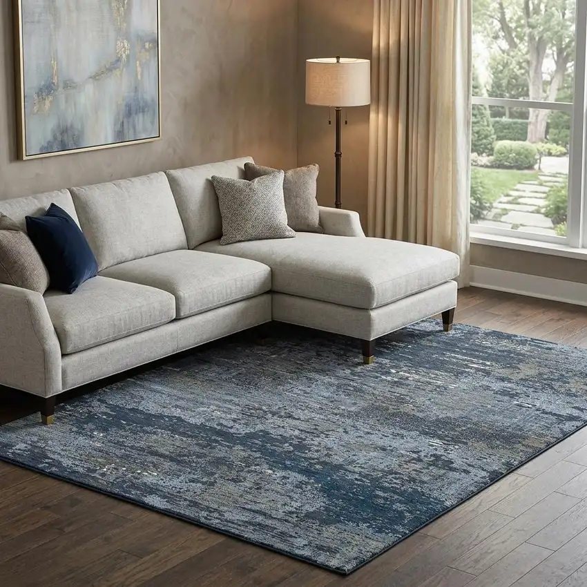 8' Blue Ivory And Gray Abstract Washable Area Rug With UV Protection Photo 1