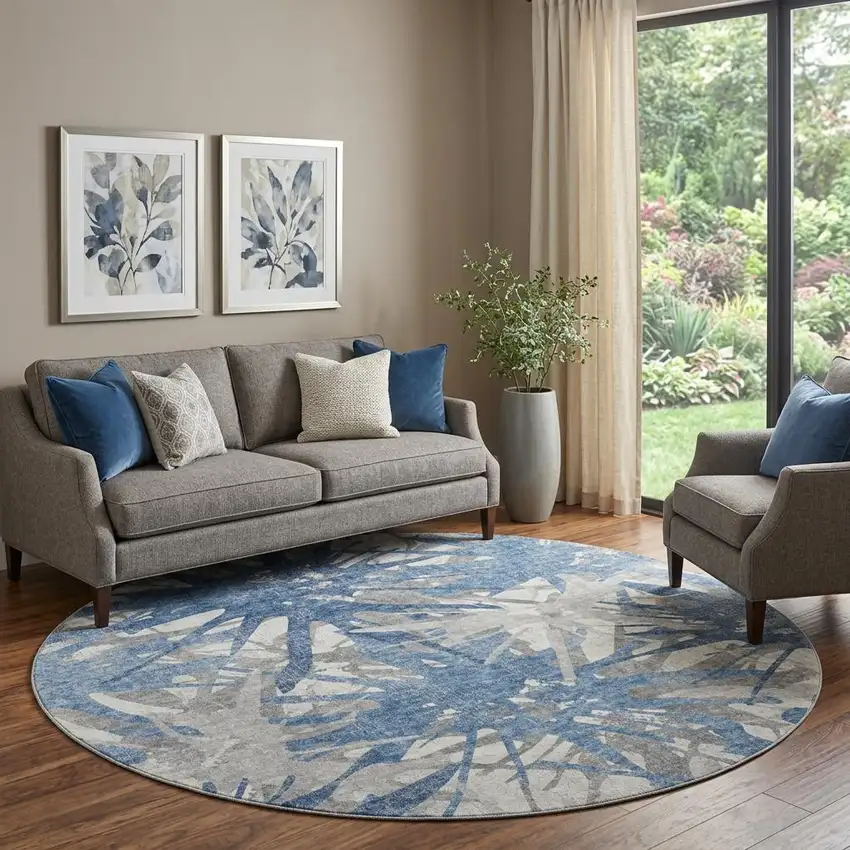 8' Blue Ivory And Gray Abstract Washable Round Rug With UV Protection Photo 1