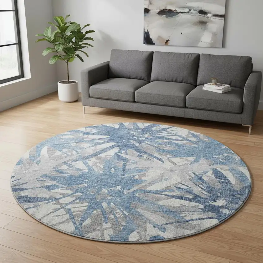 8' Blue Ivory And Gray Abstract Washable Round Rug With UV Protection Photo 2