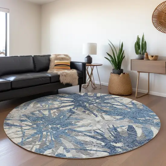8' Blue Ivory And Gray Abstract Washable Round Rug With UV Protection Photo 5