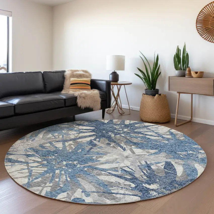 8' Blue Ivory And Gray Abstract Washable Round Rug With UV Protection Photo 5