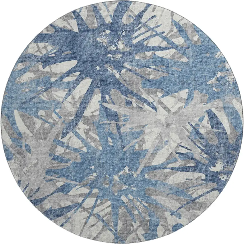 8' Blue Ivory And Gray Abstract Washable Round Rug With UV Protection Photo 1