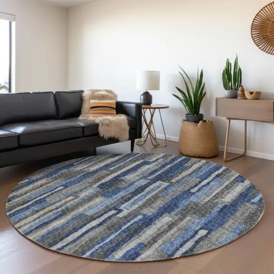 8' Blue Ivory And Gray Abstract Washable Round Rug With UV Protection Photo 6