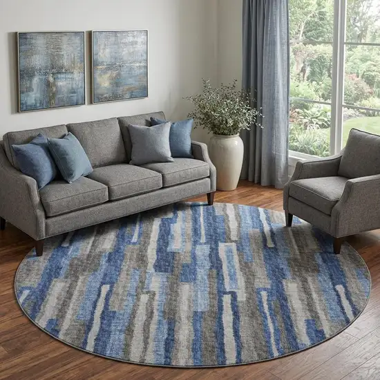 8' Blue Ivory And Gray Abstract Distressed Washable Round Rug With UV Protection Photo 1
