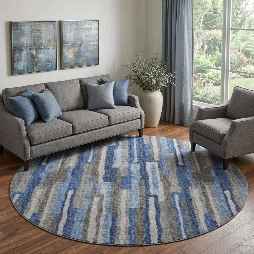 8' Blue Ivory And Gray Abstract Distressed Washable Round Rug With UV Protection Photo 1