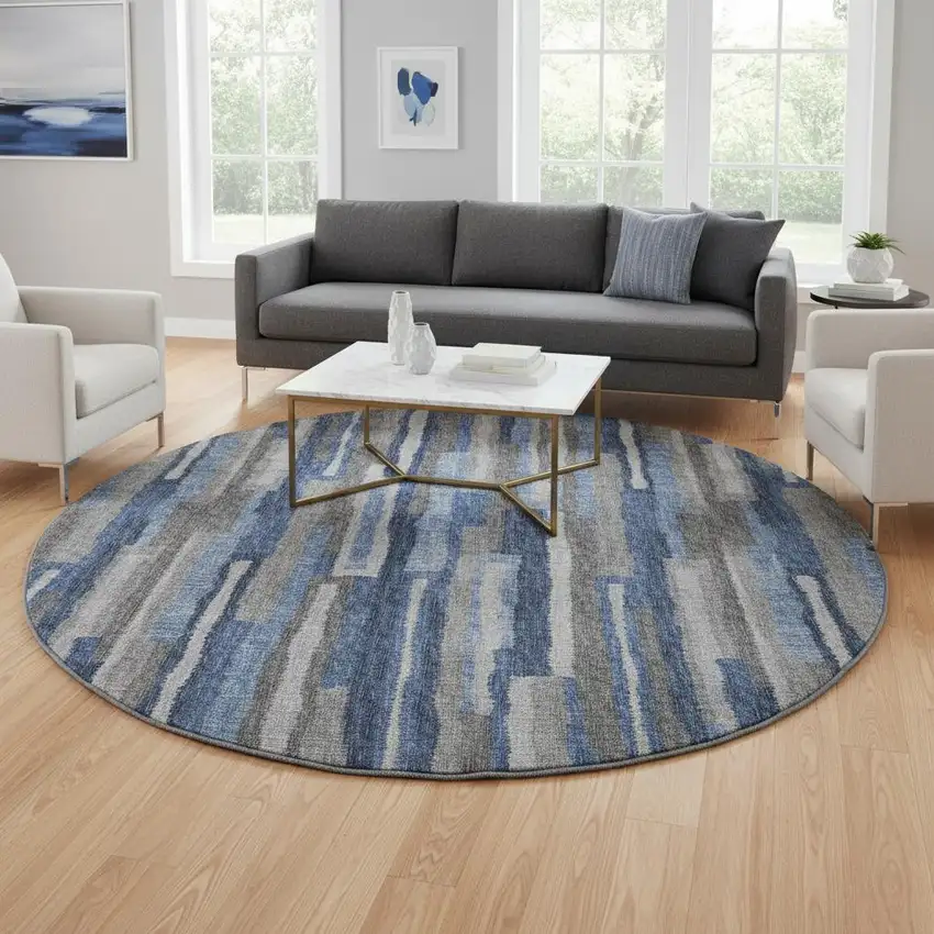 8' Blue Ivory And Gray Abstract Washable Round Rug With UV Protection Photo 1