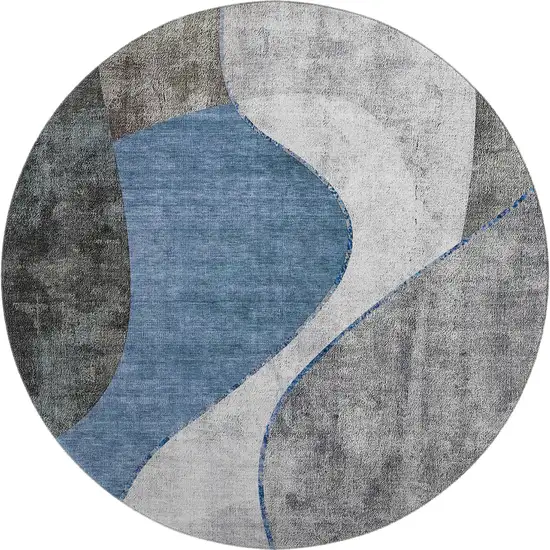 8' Blue Ivory And Gray Abstract Washable Round Rug With UV Protection Photo 1