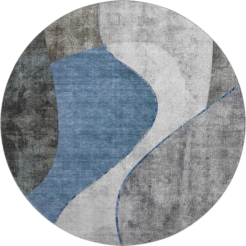 8' Blue Ivory And Gray Abstract Washable Round Rug With UV Protection Photo 1