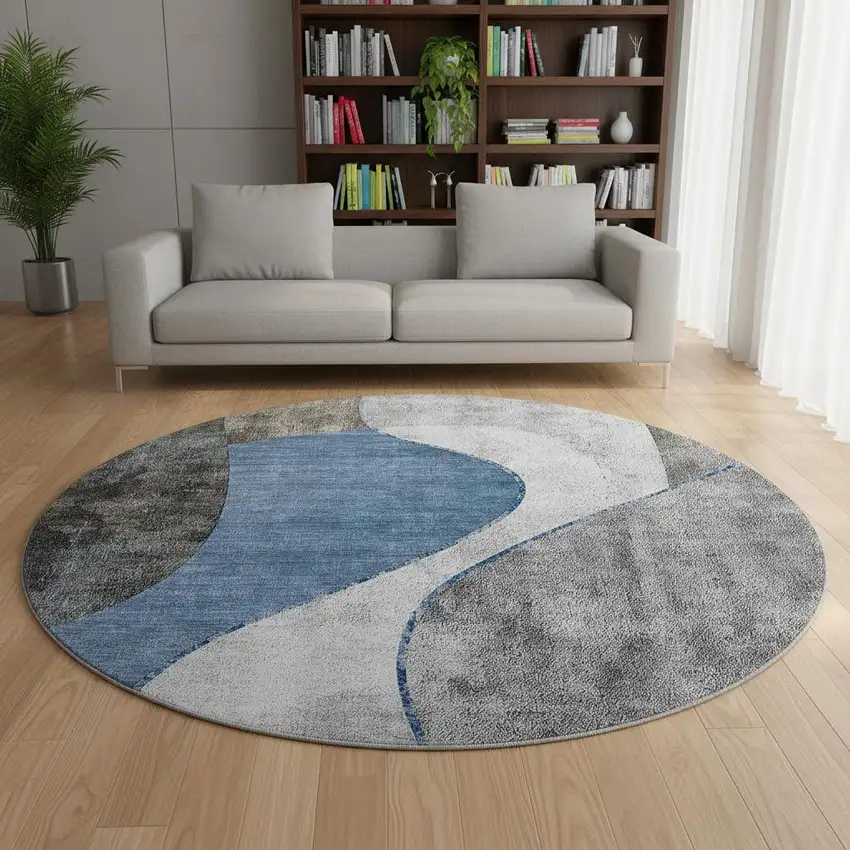 8' Blue Ivory And Gray Abstract Washable Round Rug With UV Protection Photo 2
