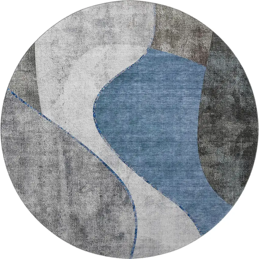 8' Blue Ivory And Gray Abstract Washable Round Rug With UV Protection Photo 4