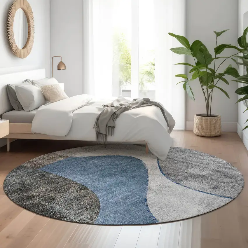 8' Blue Ivory And Gray Abstract Washable Round Rug With UV Protection Photo 5