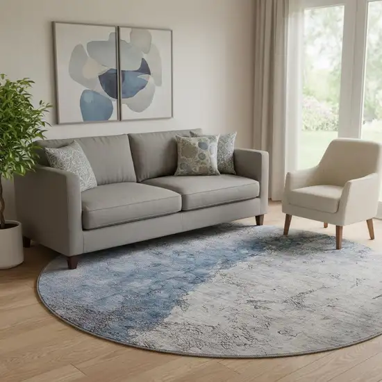 8' Blue Ivory And Gray Abstract Washable Round Rug With UV Protection Photo 1