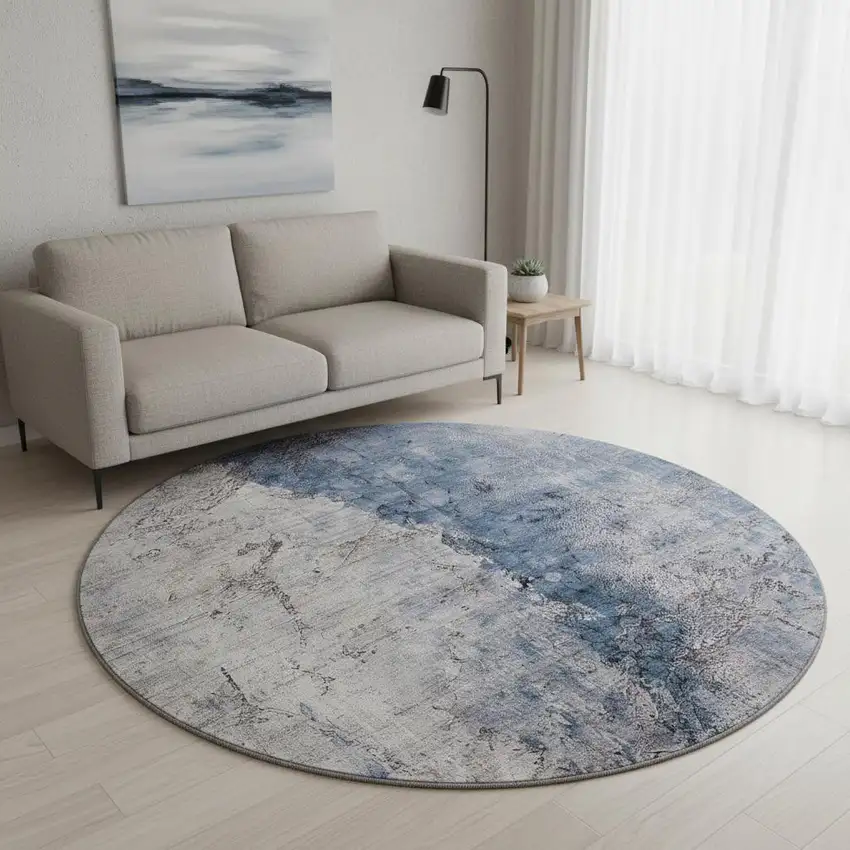 8' Blue Ivory And Gray Abstract Washable Round Rug With UV Protection Photo 2