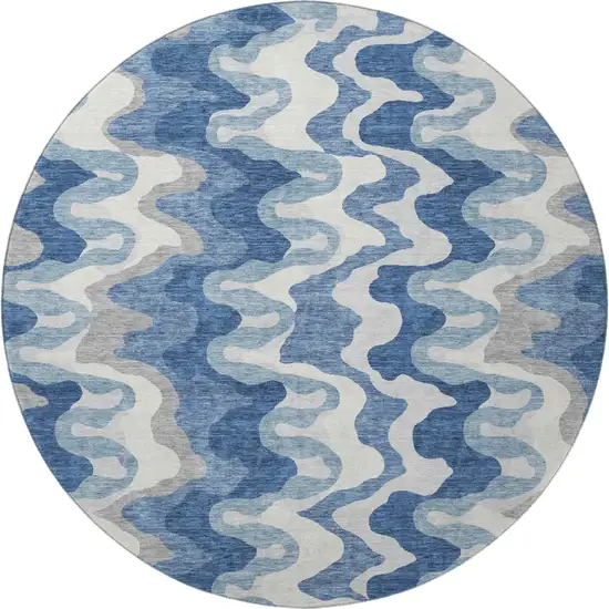 8' Blue Ivory And Gray Abstract Washable Round Rug With UV Protection Photo 4