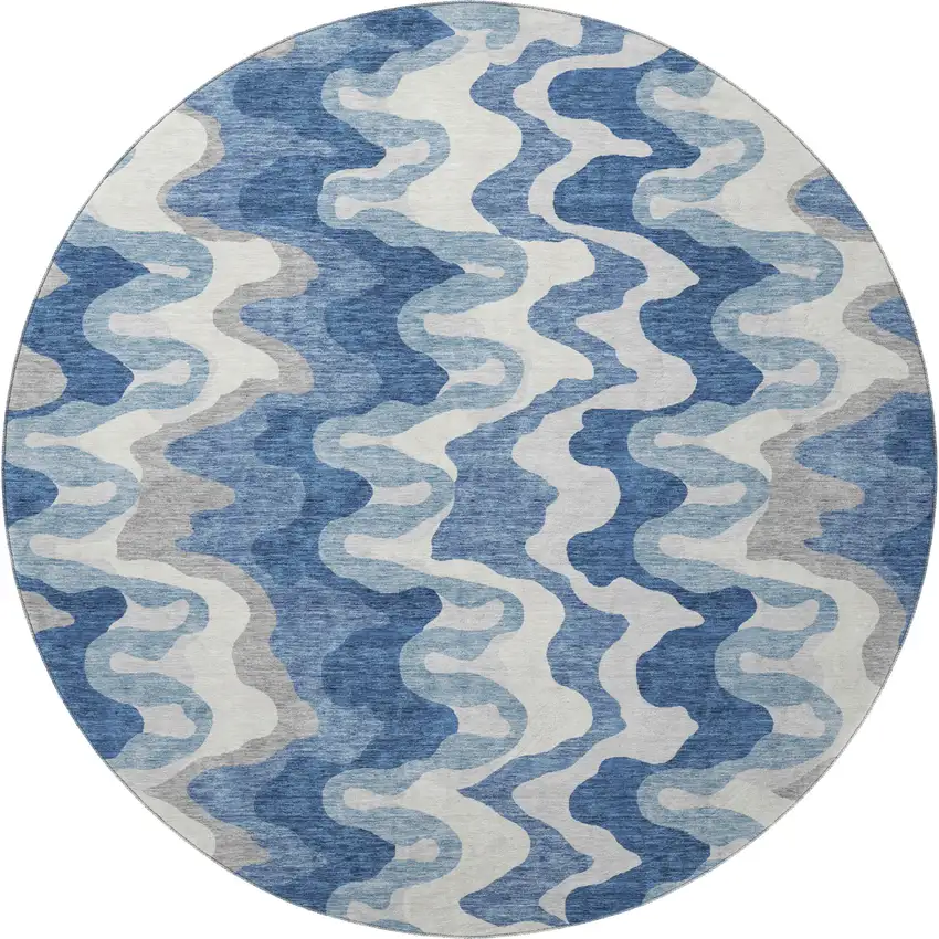8' Blue Ivory And Gray Abstract Washable Round Rug With UV Protection Photo 4