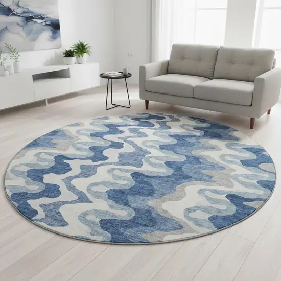8' Blue Ivory And Gray Abstract Washable Round Rug With UV Protection Photo 2
