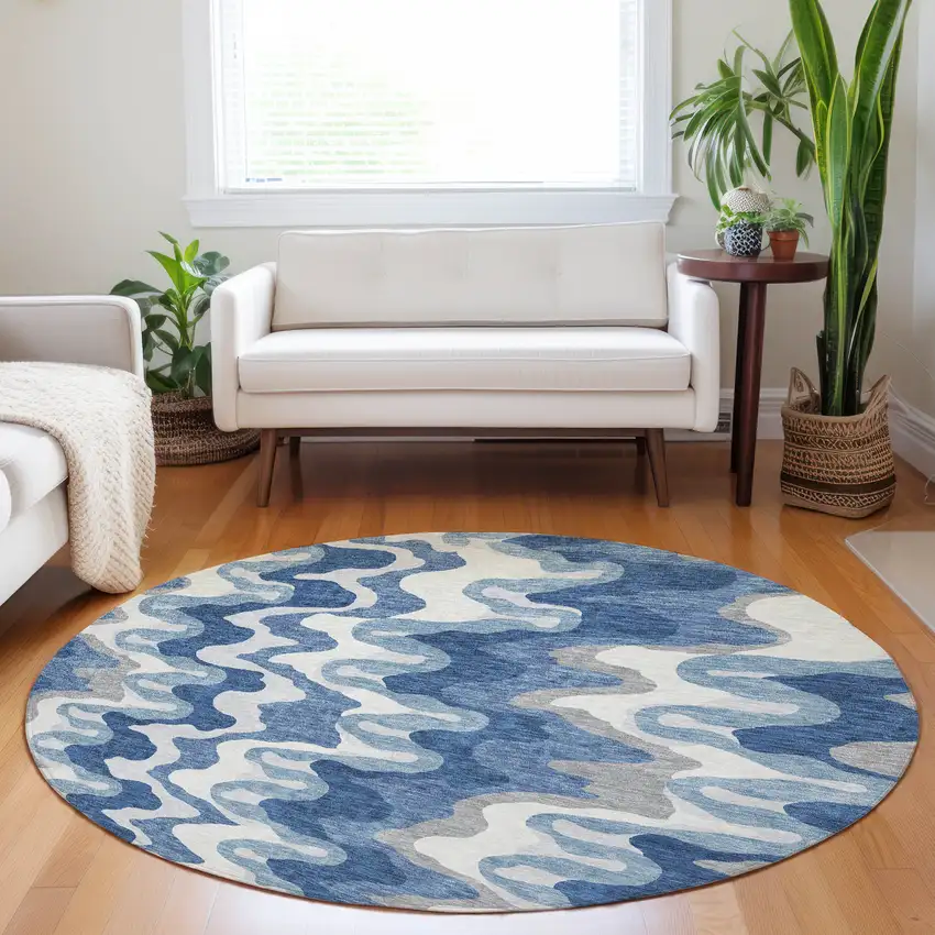 8' Blue Ivory And Gray Abstract Washable Round Rug With UV Protection Photo 5