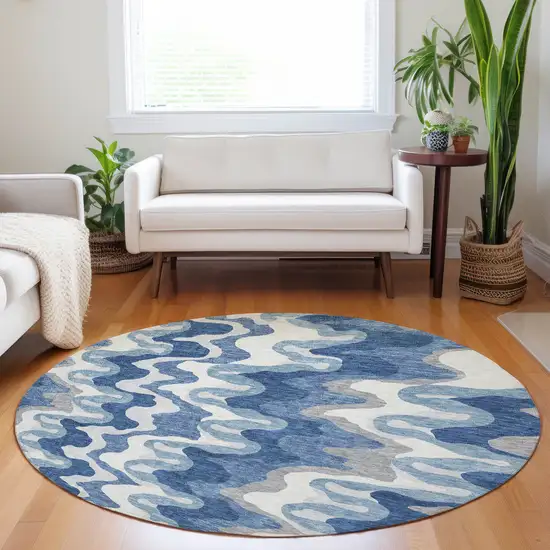 8' Blue Ivory And Gray Abstract Washable Round Rug With UV Protection Photo 5