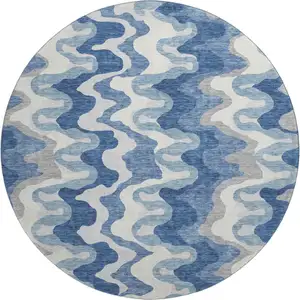 Photo of 8' Blue Ivory And Gray Abstract Washable Round Rug With UV Protection