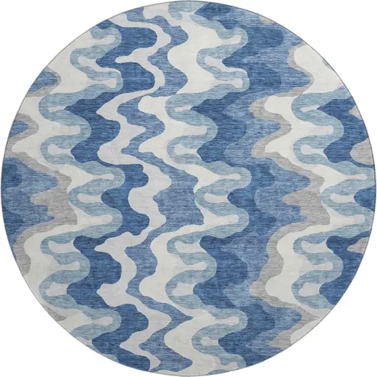 8' Blue Ivory And Gray Abstract Washable Round Rug With UV Protection Photo 1
