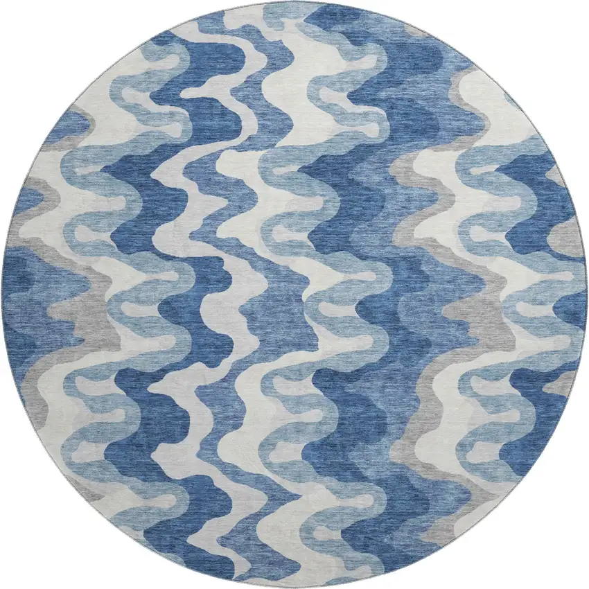 8' Blue Ivory And Gray Abstract Washable Round Rug With UV Protection Photo 1