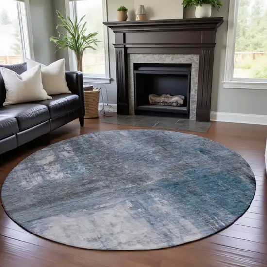 8' Blue Ivory And Gray Abstract Washable Round Rug With UV Protection Photo 4