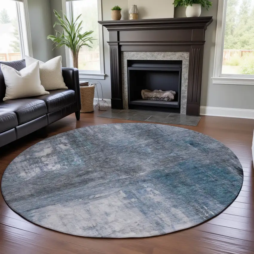 8' Blue Ivory And Gray Abstract Washable Round Rug With UV Protection Photo 4