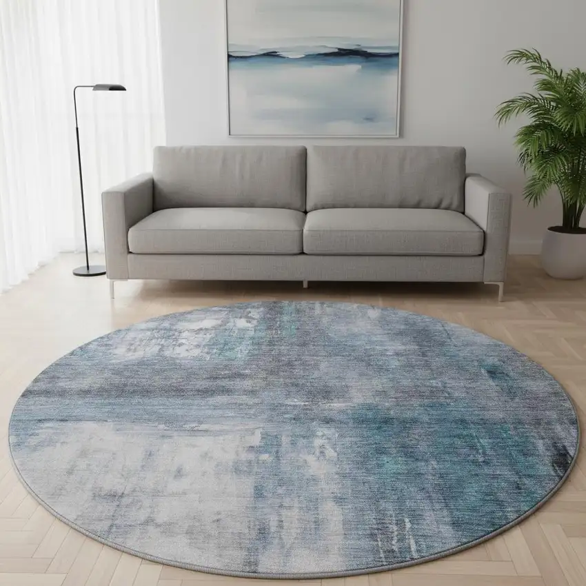 8' Blue Ivory And Gray Abstract Washable Round Rug With UV Protection Photo 2