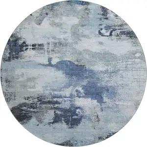 Photo of 8' Blue Ivory And Gray Abstract Washable Round Rug With UV Protection