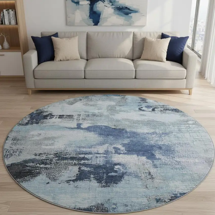 8' Blue Ivory And Gray Abstract Washable Round Rug With UV Protection Photo 2