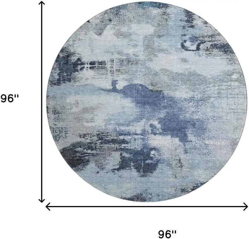8' Blue Ivory And Gray Abstract Washable Round Rug With UV Protection Photo 9