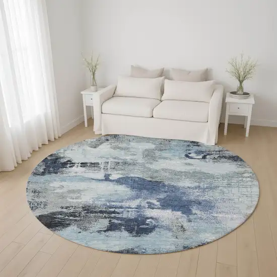 8' Blue Ivory And Gray Abstract Washable Round Rug With UV Protection Photo 4