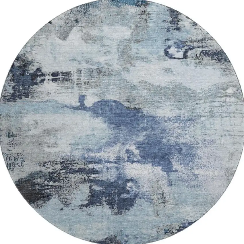 8' Blue Ivory And Gray Abstract Washable Round Rug With UV Protection Photo 4