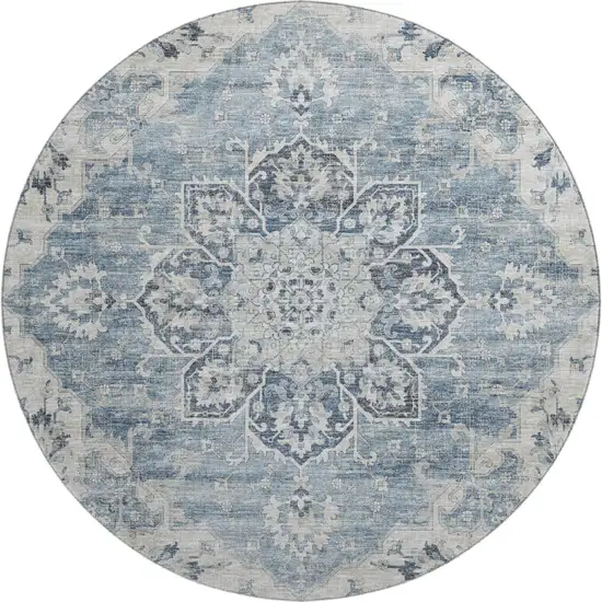 8' Blue Ivory And Gray Floral Medallion Washable Round Rug With UV Protection Photo 2