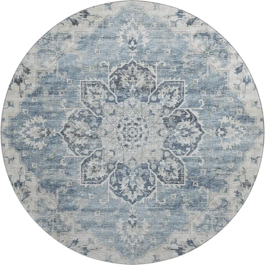 8' Blue Ivory And Gray Floral Medallion Washable Round Rug With UV Protection Photo 2