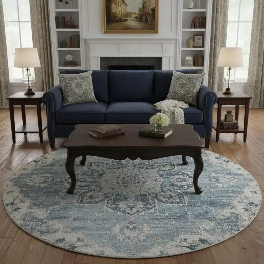 8' Blue Ivory And Gray Floral Medallion Washable Round Rug With UV Protection Photo 1