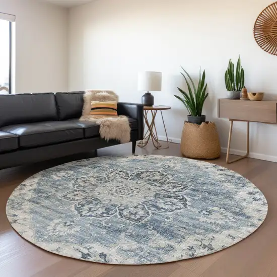 8' Blue Ivory And Gray Floral Medallion Washable Round Rug With UV Protection Photo 5