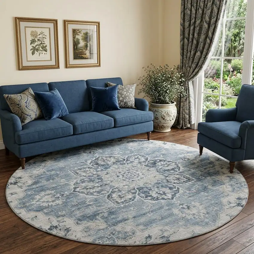8' Blue Ivory And Gray Floral Medallion Distressed Washable Round Rug With UV Protection Photo 1