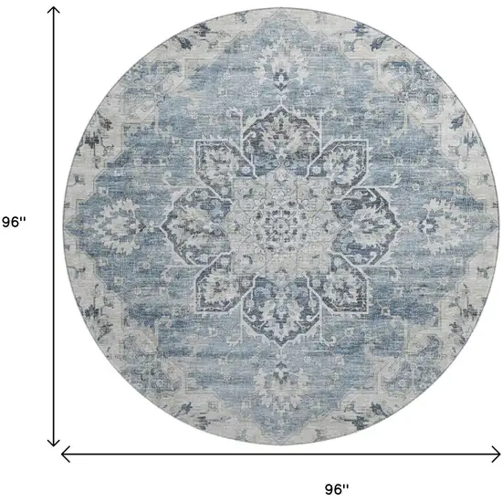 8' Blue Ivory And Gray Floral Medallion Washable Round Rug With UV Protection Photo 3
